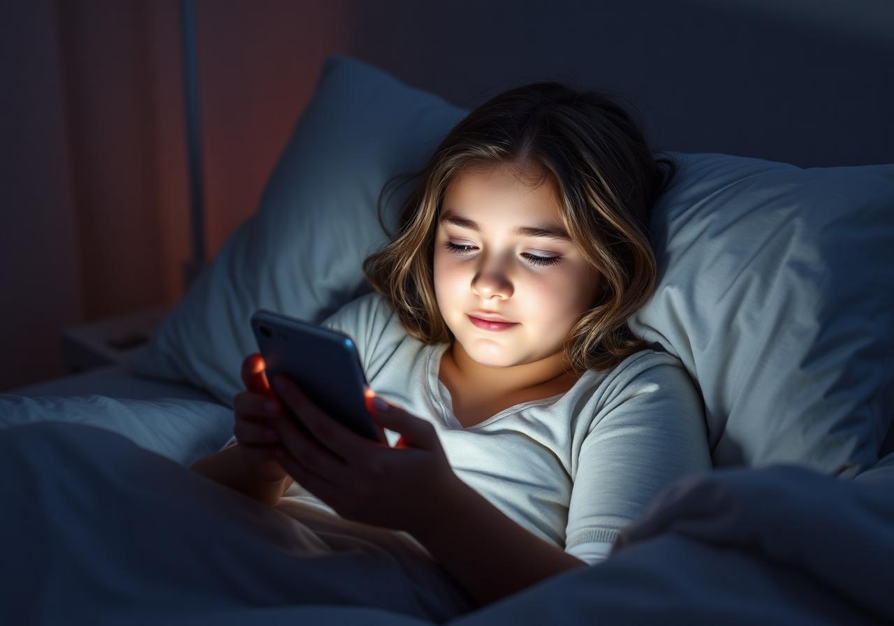 Adolescente deitada na cama olhando o celular à noite, representando os desafios emocionais da adolescência conectada