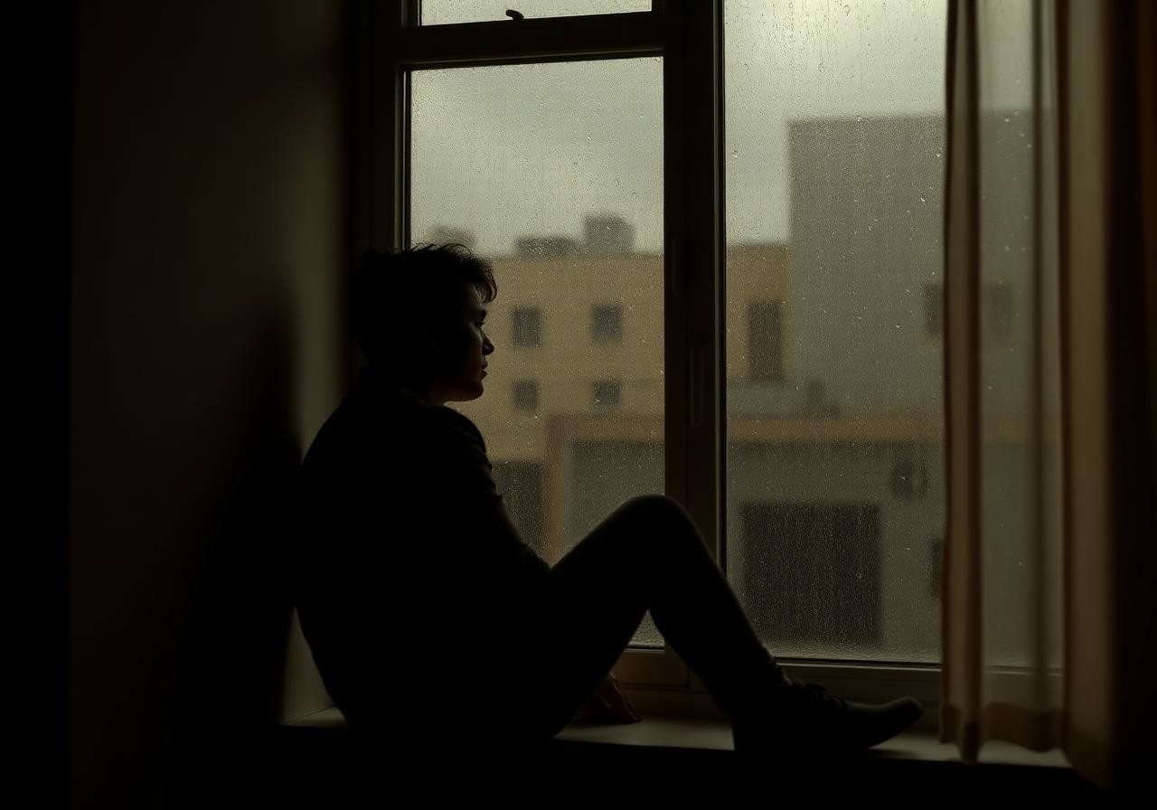 Pessoa em silhueta sentada à janela em dia chuvoso, em momento introspectivo, representando o cuidado com a depressão