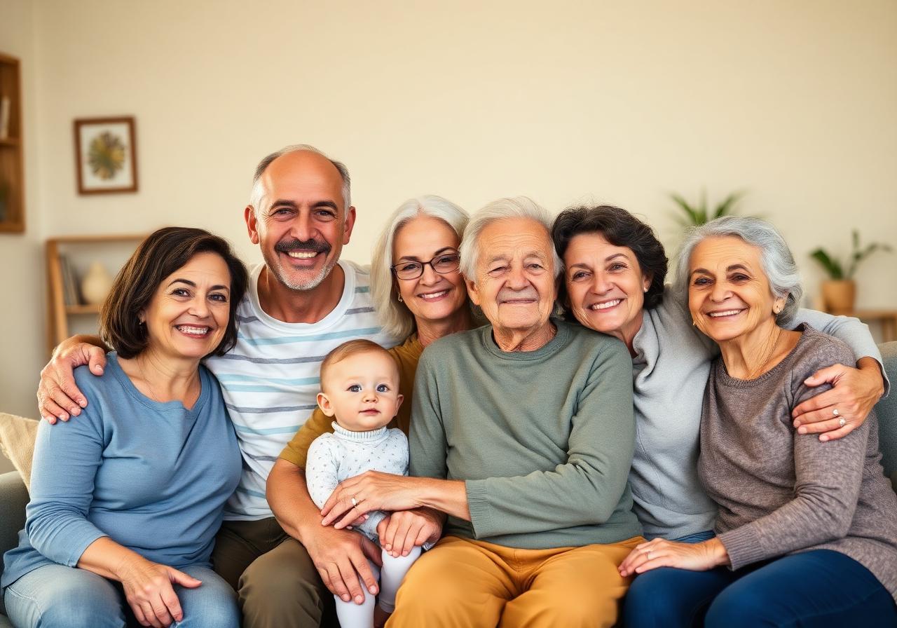 Família multigeracional reunida — casal com filhos e avós sorrindo juntos em casa, representando terapia familiar
