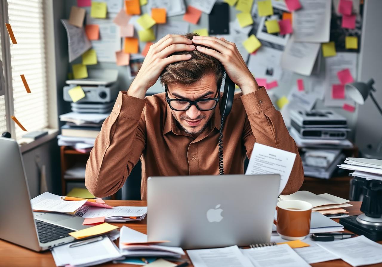 Pessoa sobrecarregada à mesa com múltiplas tarefas, papéis espalhados e cabeça nas mãos, representando o desafio do TDAH