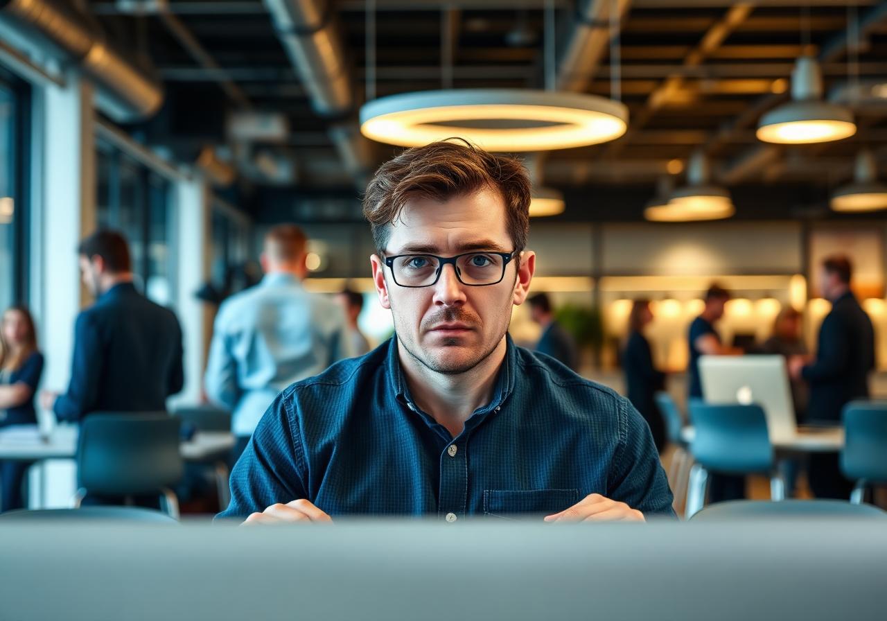 Adulto autista isolado em ambiente de trabalho movimentado, representando os desafios sociais e profissionais do TEA na vida adulta