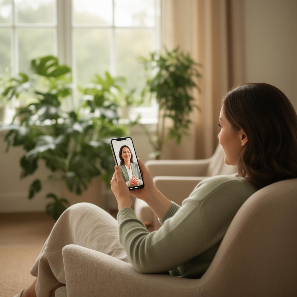Mulher em sessão de terapia online pelo celular conversando com terapeuta em ambiente natural e sereno com plantas